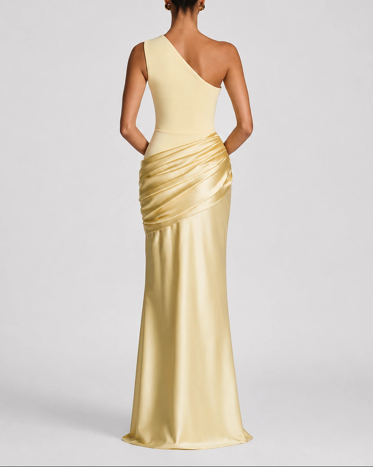 Women's One Shoulder Maxi Dress with Ruched Waist, Draped Satin-Look Fabric – Keira Belle