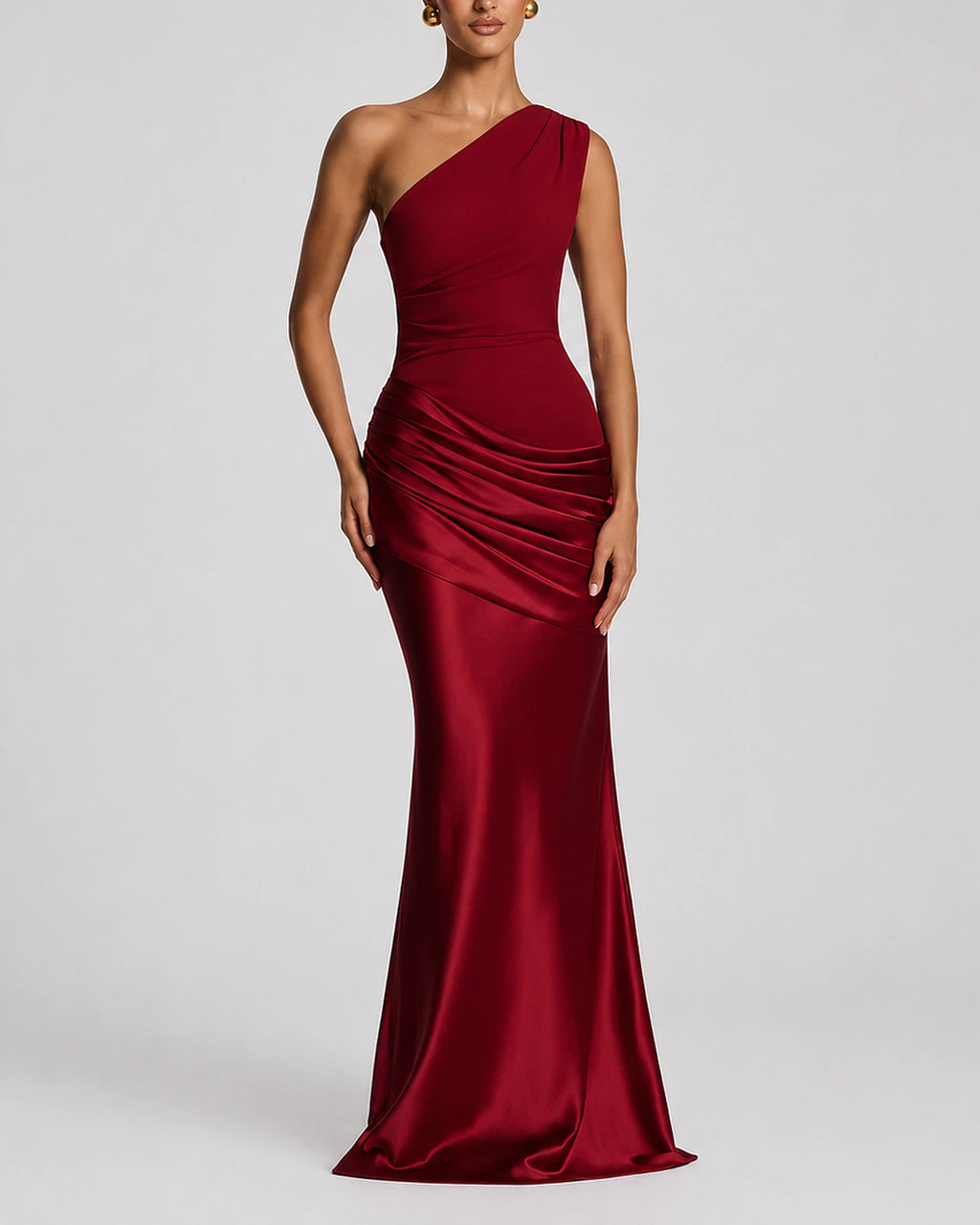 Women's One Shoulder Maxi Dress with Ruched Waist, Draped Satin-Look Fabric – Keira Belle