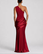 Women's One Shoulder Maxi Dress with Ruched Waist, Draped Satin-Look Fabric – Keira Belle