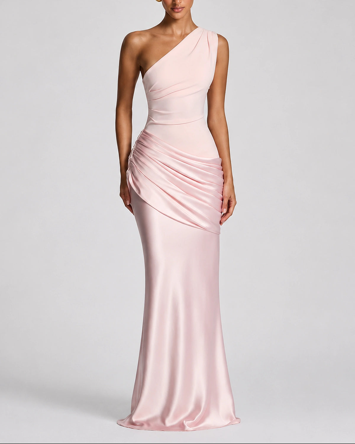 Women's One Shoulder Maxi Dress with Ruched Waist, Draped Satin-Look Fabric – Keira Belle