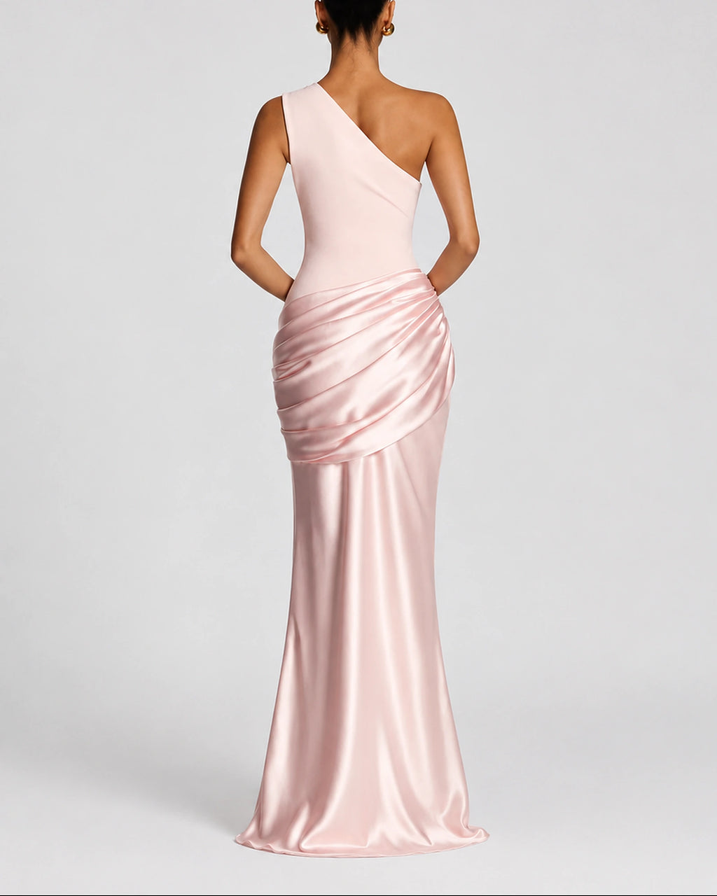 Women's One Shoulder Maxi Dress with Ruched Waist, Draped Satin-Look Fabric – Keira Belle