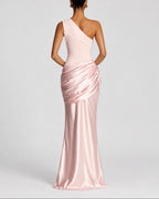 Women's One Shoulder Maxi Dress with Ruched Waist, Draped Satin-Look Fabric – Keira Belle