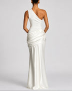 Women's One Shoulder Maxi Dress with Ruched Waist, Draped Satin-Look Fabric – Keira Belle