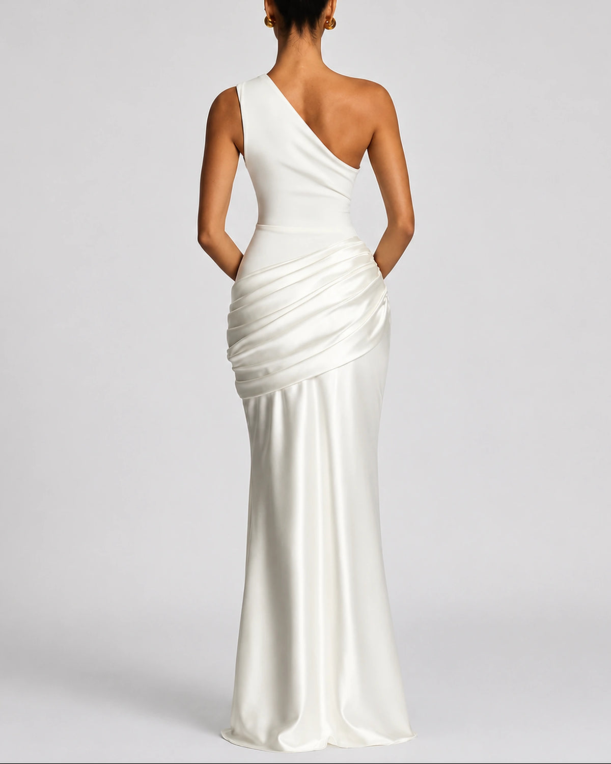 Women's One Shoulder Maxi Dress with Ruched Waist, Draped Satin-Look Fabric – Keira Belle