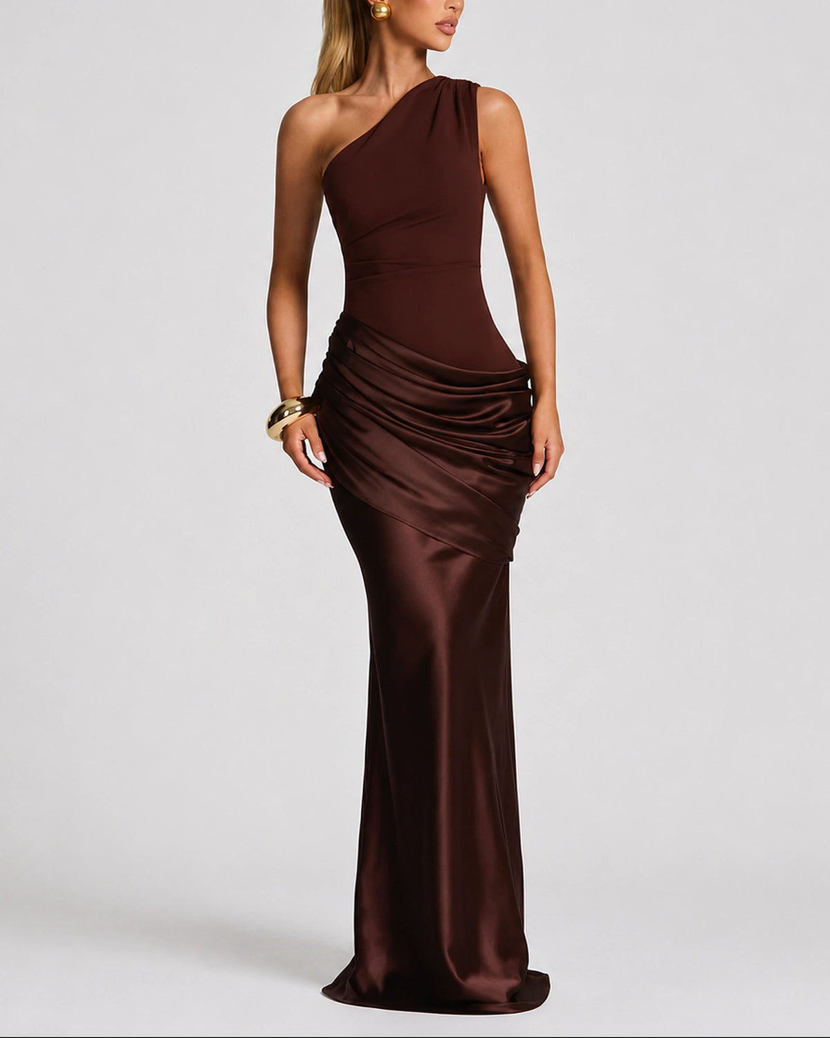 Women's One Shoulder Maxi Dress with Ruched Waist, Draped Satin-Look Fabric – Keira Belle