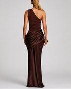 Women's One Shoulder Maxi Dress with Ruched Waist, Draped Satin-Look Fabric – Keira Belle