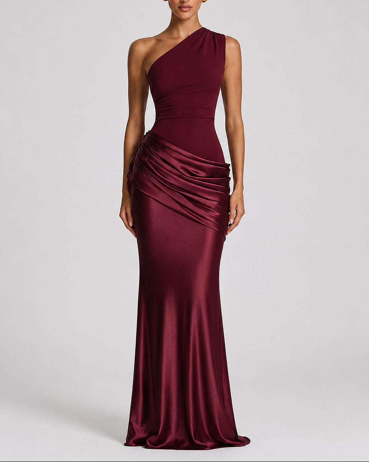 Women's One Shoulder Maxi Dress with Ruched Waist, Draped Satin-Look Fabric – Keira Belle
