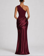 Women's One Shoulder Maxi Dress with Ruched Waist, Draped Satin-Look Fabric – Keira Belle