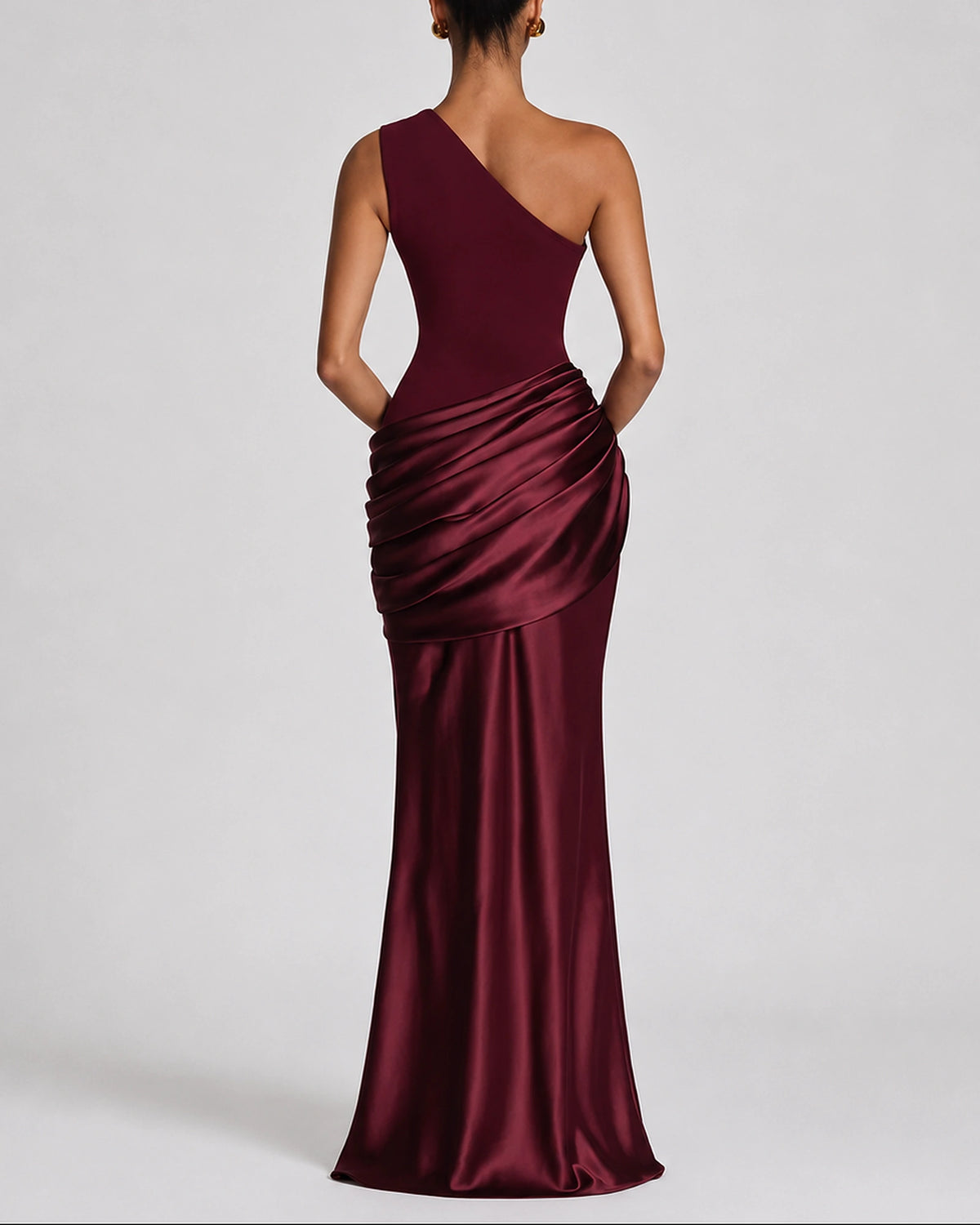 Women's One Shoulder Maxi Dress with Ruched Waist, Draped Satin-Look Fabric – Keira Belle