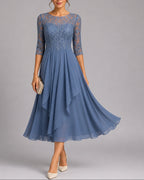 Women's Midi Wedding Guest Dress in Embroidered Lace with Sheer Sleeves, Layered Chiffon Skirt – Stella Rose