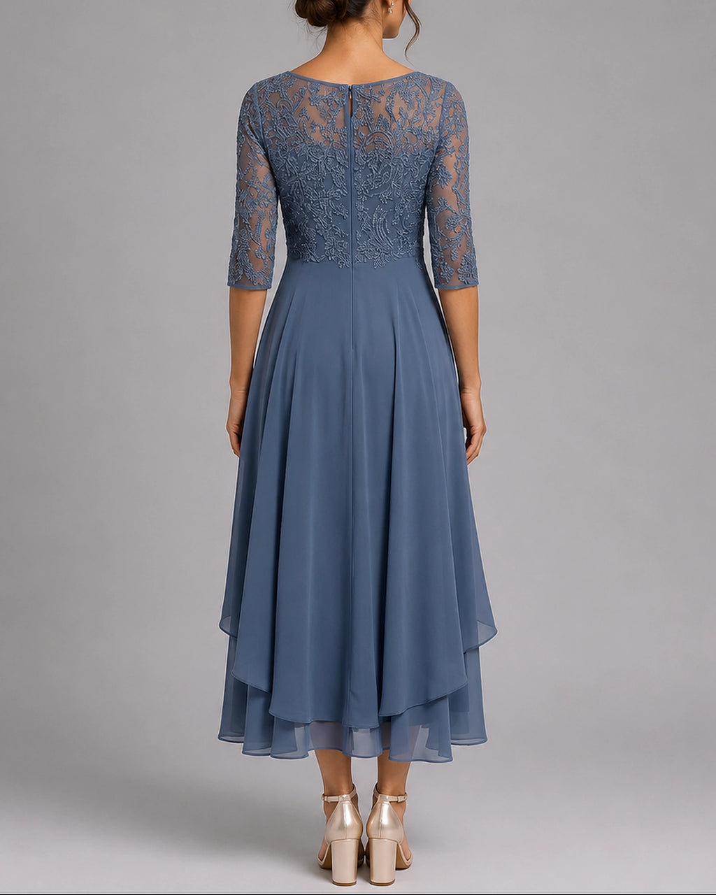 Women's Midi Wedding Guest Dress in Embroidered Lace with Sheer Sleeves, Layered Chiffon Skirt – Stella Rose