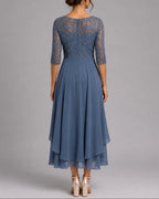Women's Midi Wedding Guest Dress in Embroidered Lace with Sheer Sleeves, Layered Chiffon Skirt – Stella Rose