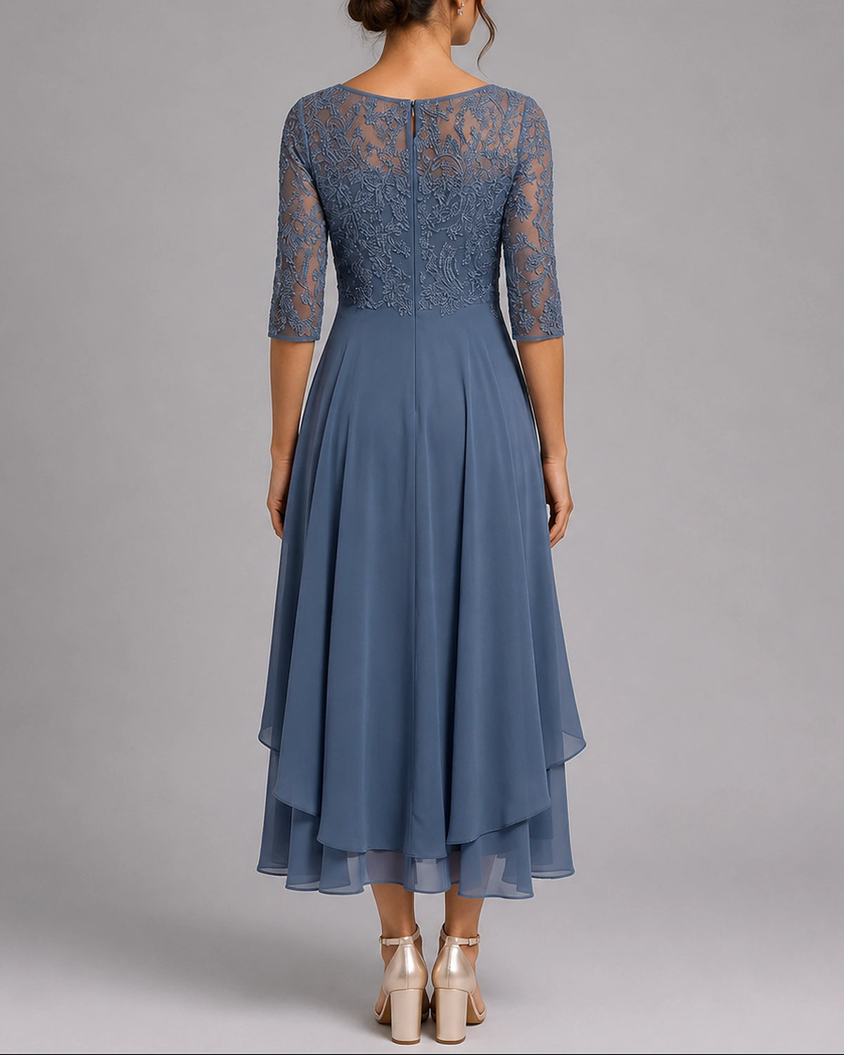Women's Midi Wedding Guest Dress in Embroidered Lace with Sheer Sleeves, Layered Chiffon Skirt – Stella Rose