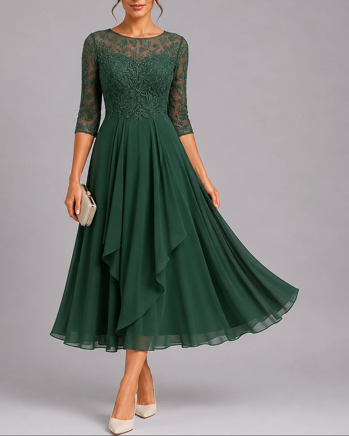 Women's Midi Wedding Guest Dress in Embroidered Lace with Sheer Sleeves, Layered Chiffon Skirt – Stella Rose