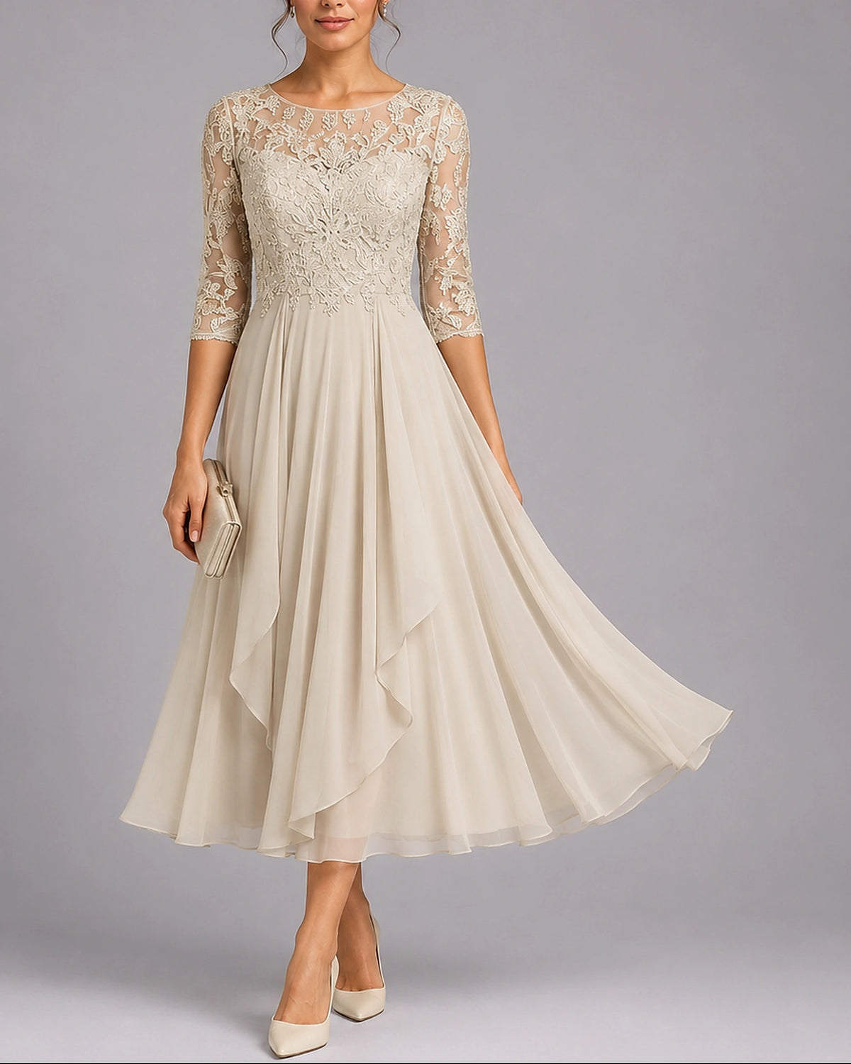 Women's Midi Wedding Guest Dress in Embroidered Lace with Sheer Sleeves, Layered Chiffon Skirt – Stella Rose