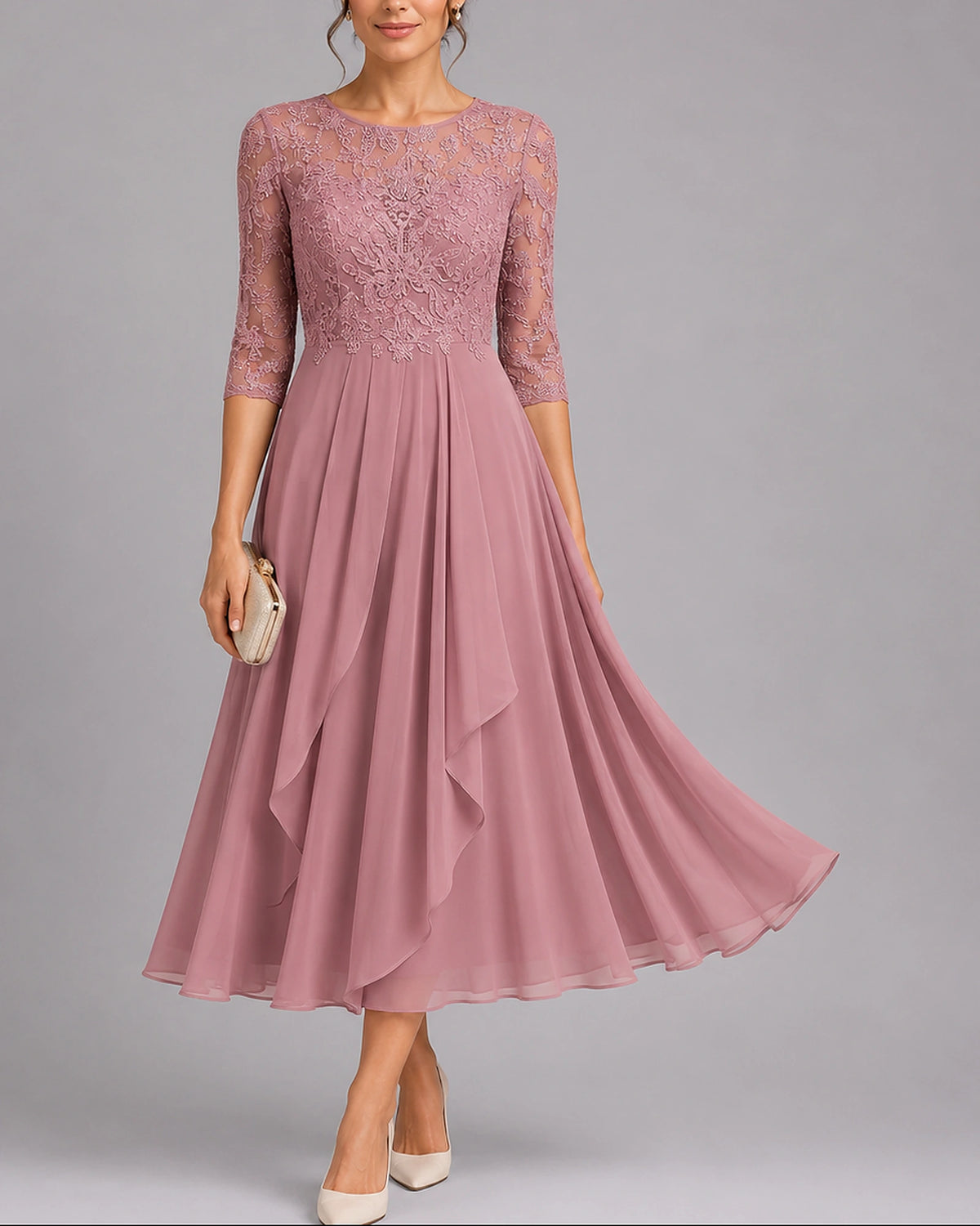 Women's Midi Wedding Guest Dress in Embroidered Lace with Sheer Sleeves, Layered Chiffon Skirt – Stella Rose
