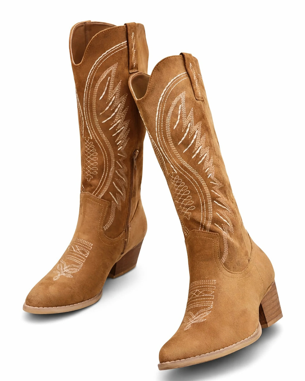 Women's Embroidered Suede Cowboy Boots with Block Heel and Pointed Toe, Festival Boots – Delphine