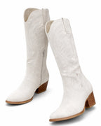 Women's Embroidered Suede Cowboy Boots with Block Heel and Pointed Toe, Festival Boots – Delphine