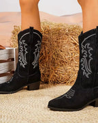 Women's Embroidered Suede Cowboy Boots with Stacked Block Heel – Maya Jane