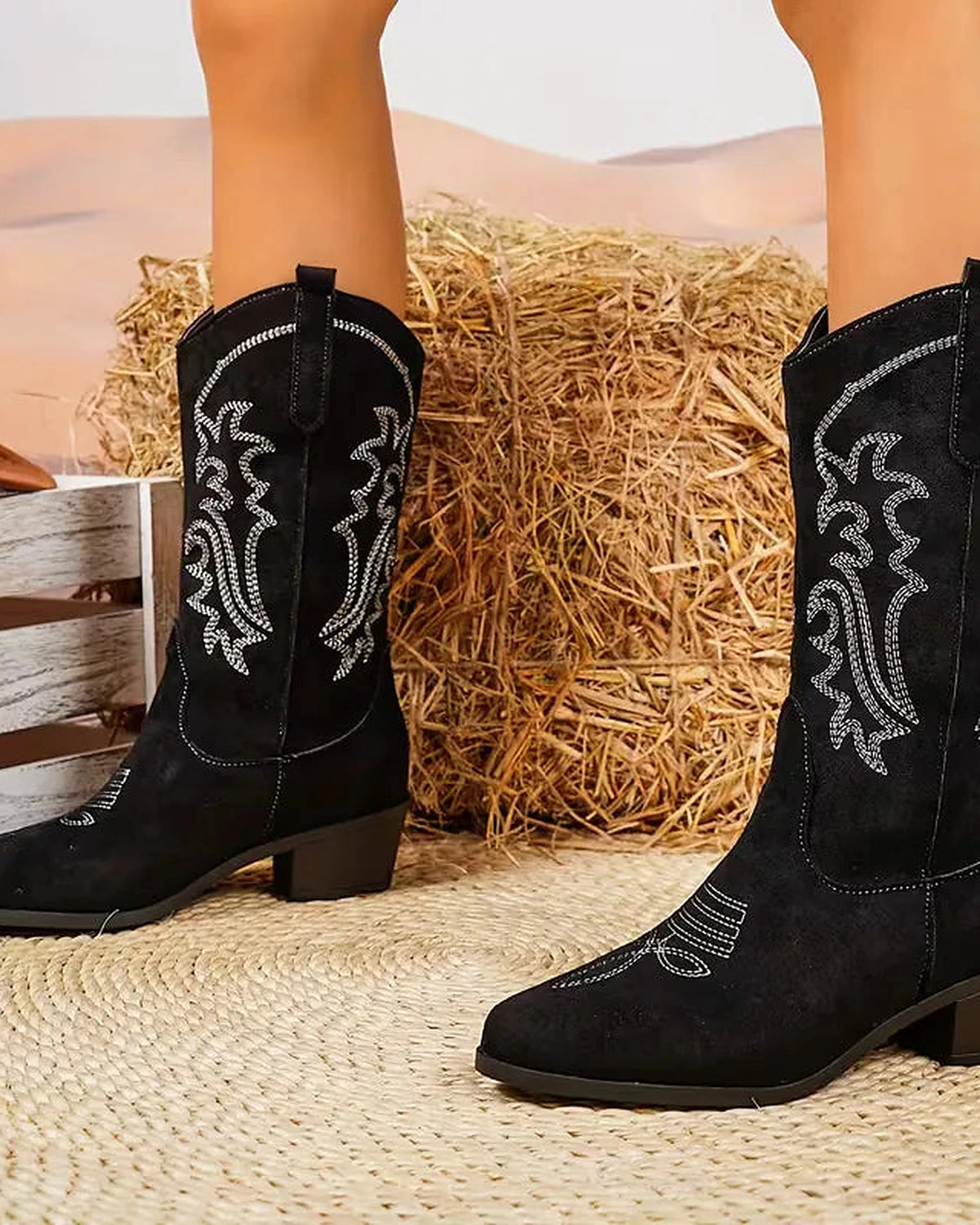 Women's Embroidered Suede Cowboy Boots with Stacked Block Heel – Maya Jane