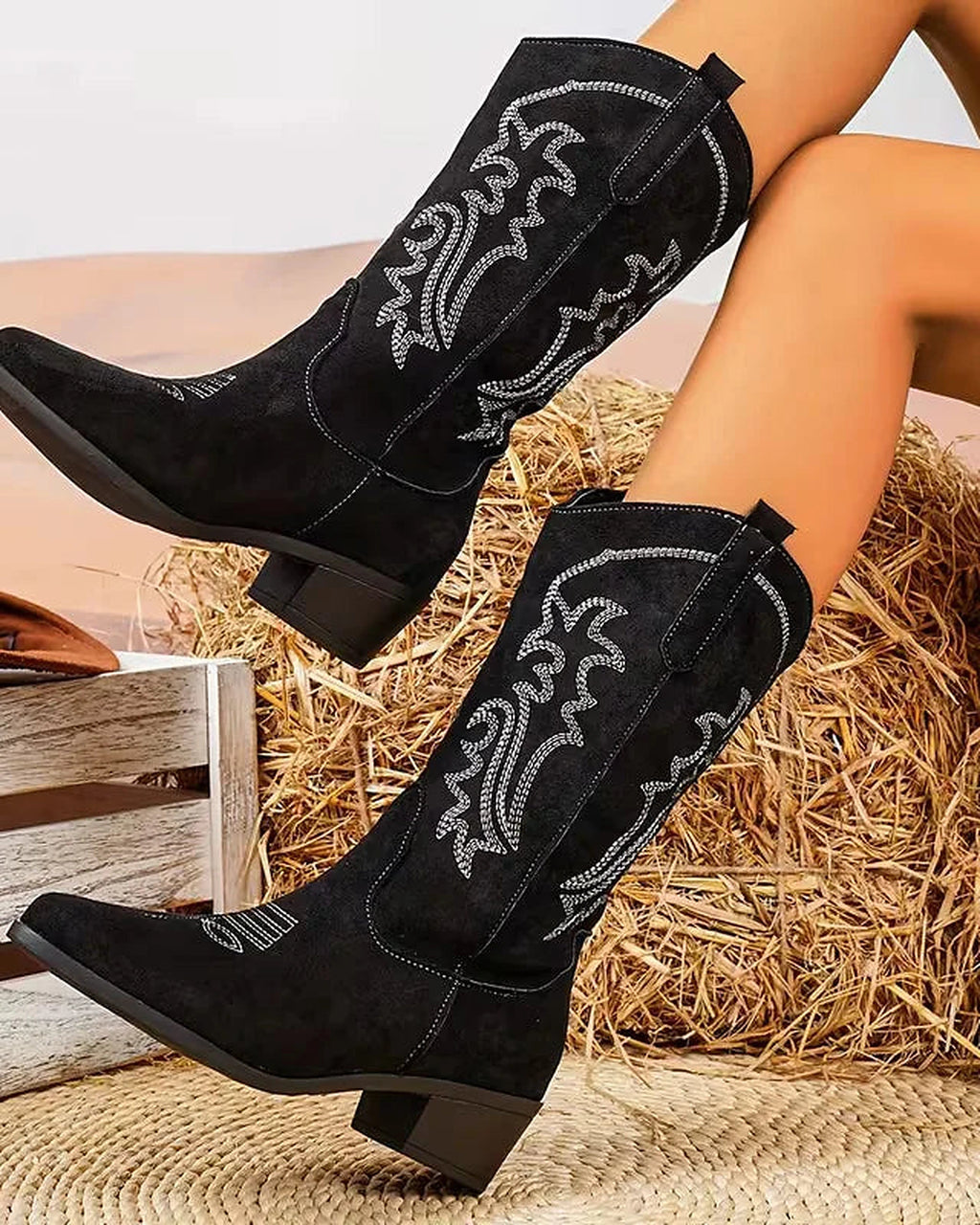 Women's Embroidered Suede Cowboy Boots with Stacked Block Heel – Maya Jane
