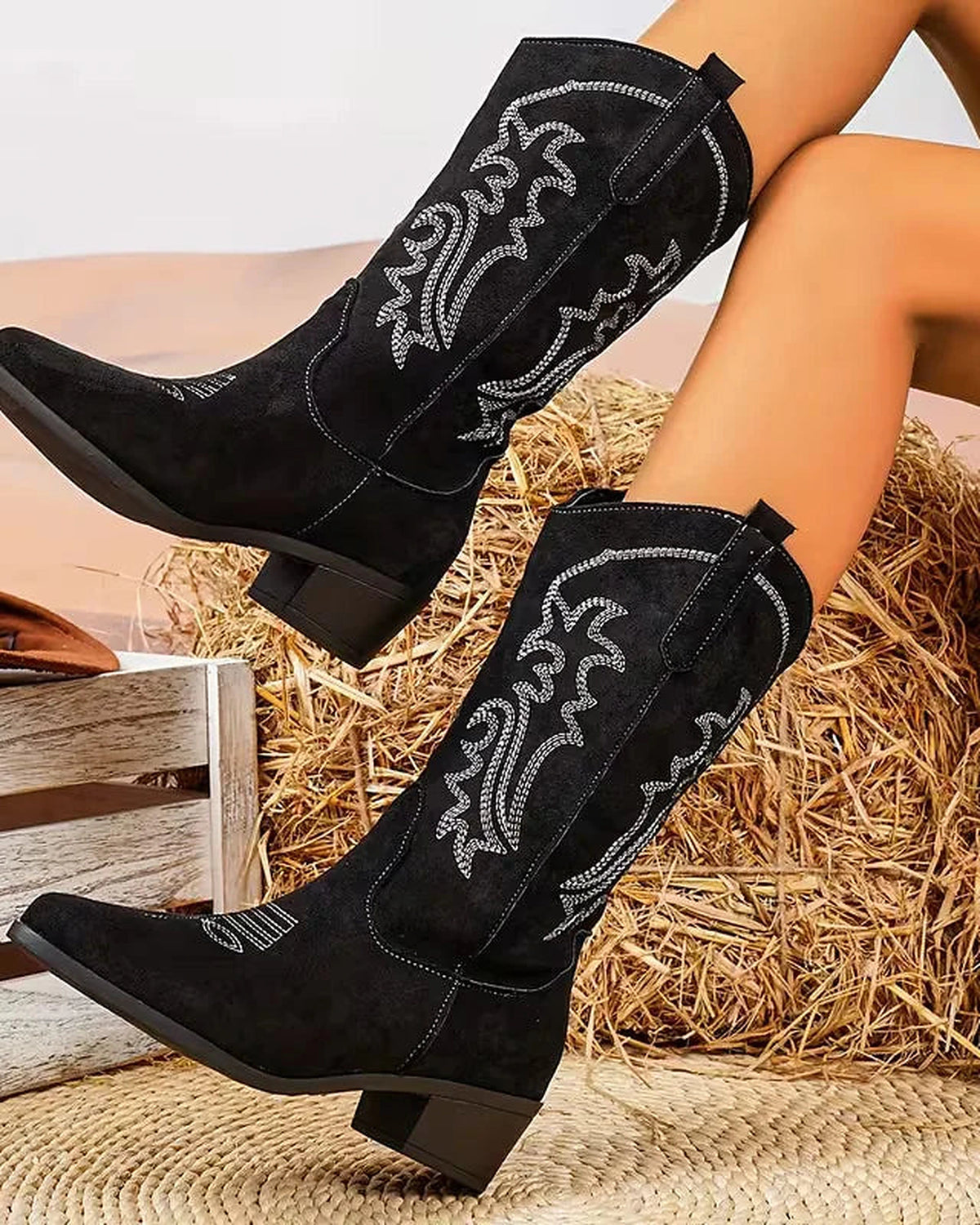 Women's Embroidered Suede Cowboy Boots with Stacked Block Heel – Maya Jane