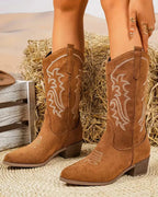 Women's Embroidered Suede Cowboy Boots with Stacked Block Heel – Maya Jane
