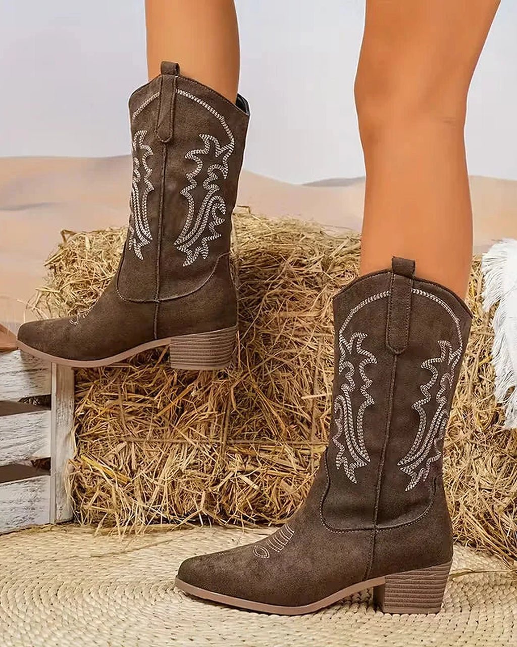 Women's Embroidered Suede Cowboy Boots with Stacked Block Heel – Maya Jane