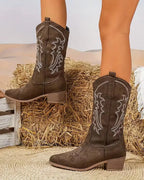 Women's Embroidered Suede Cowboy Boots with Stacked Block Heel – Maya Jane