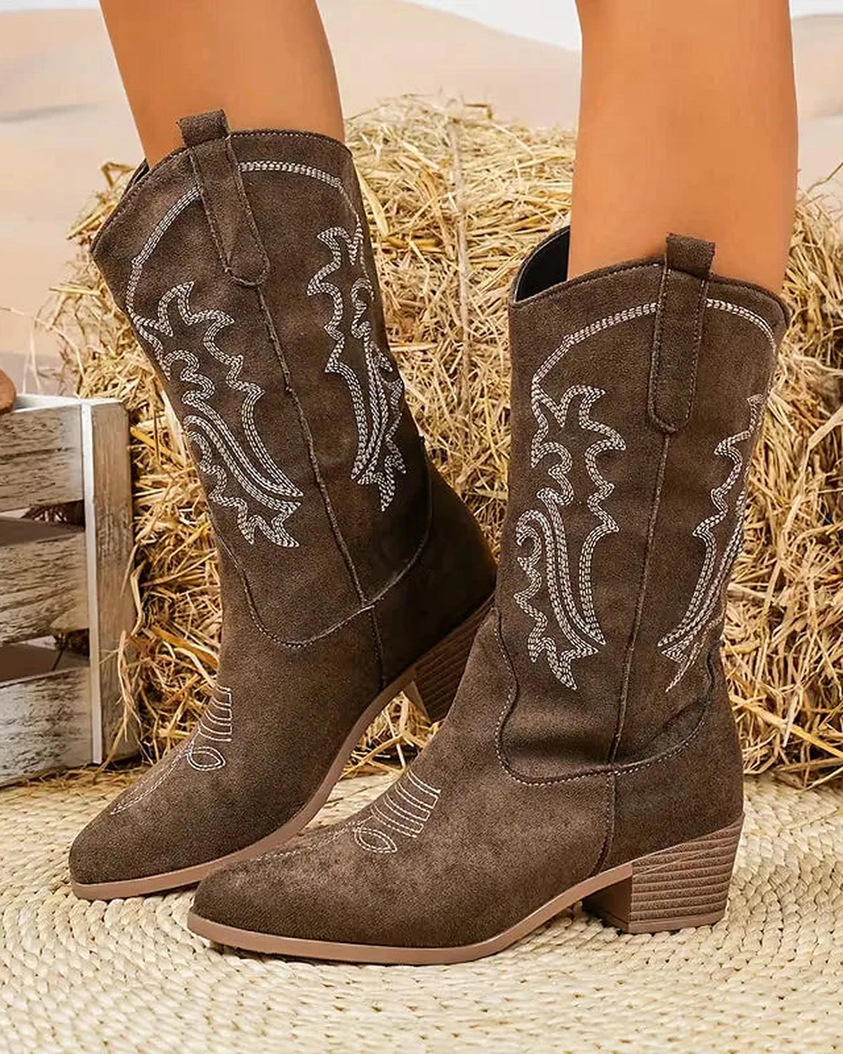 Women's Embroidered Suede Cowboy Boots with Stacked Block Heel – Maya Jane