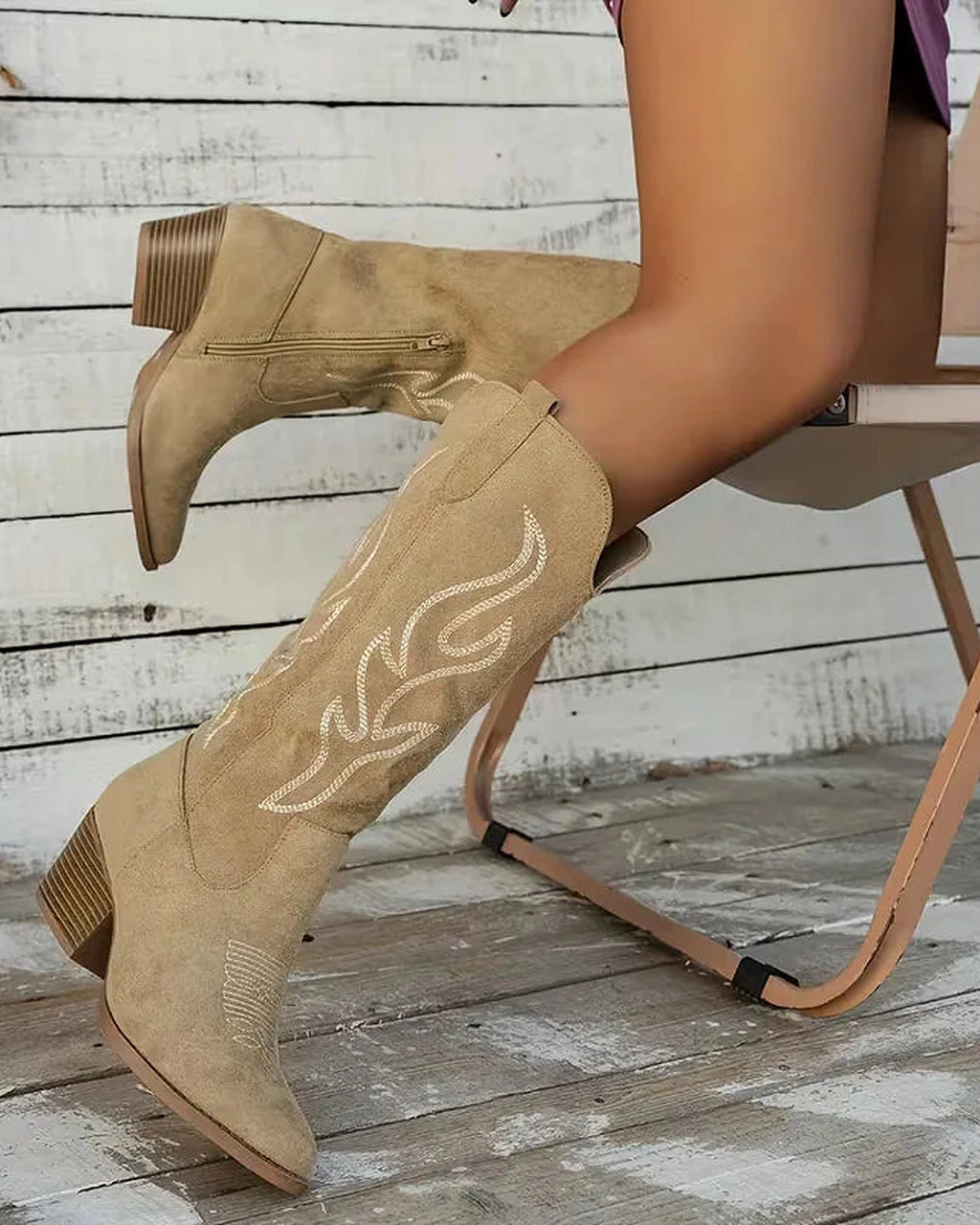 Women's Embroidered Suede Knee High Cowboy Boots with Stacked Block Heel – Luna Grey