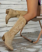 Women's Embroidered Suede Knee High Cowboy Boots with Stacked Block Heel – Luna Grey