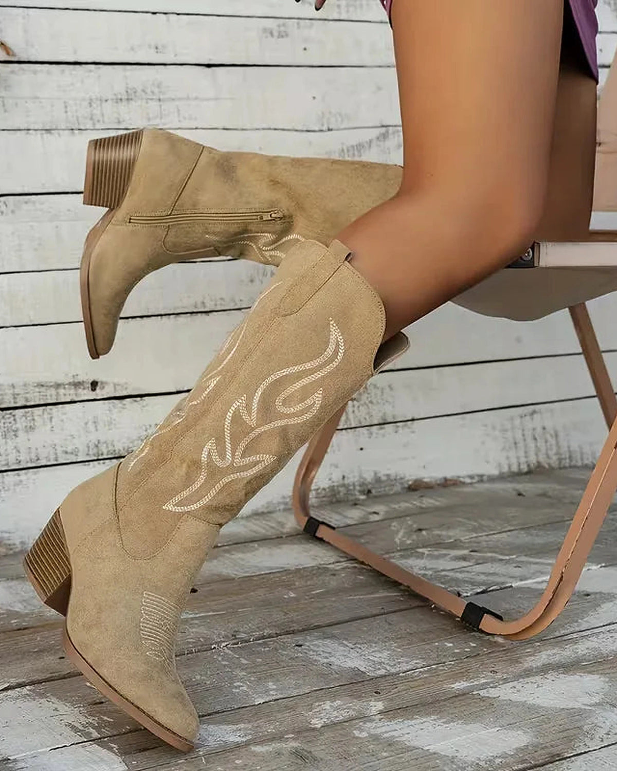 Women's Embroidered Suede Knee High Cowboy Boots with Stacked Block Heel – Luna Grey
