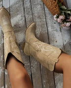 Women's Embroidered Suede Knee High Cowboy Boots with Stacked Block Heel – Luna Grey