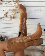 Women's Embroidered Suede Knee High Cowboy Boots with Stacked Block Heel – Luna Grey