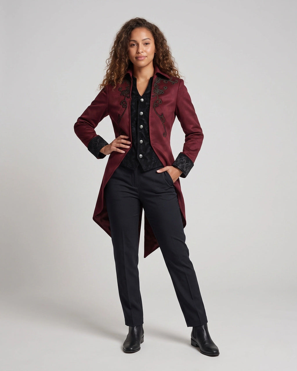 Women's Embroidered Victorian Tailcoat with Contrast Collar and Cuffs – Cora Belle