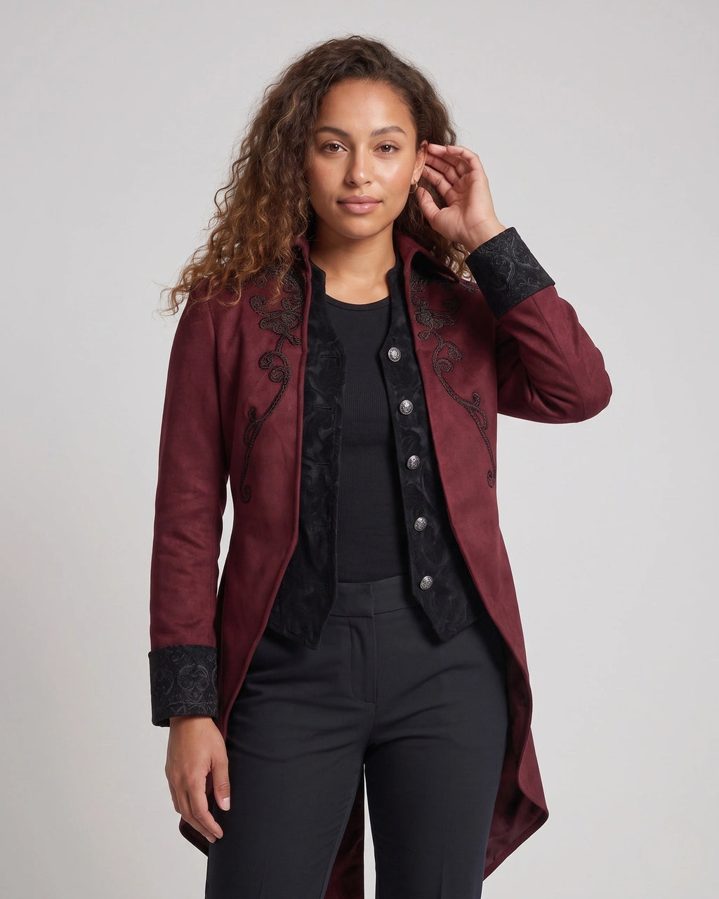 Women's Embroidered Victorian Tailcoat with Contrast Collar and Cuffs – Cora Belle