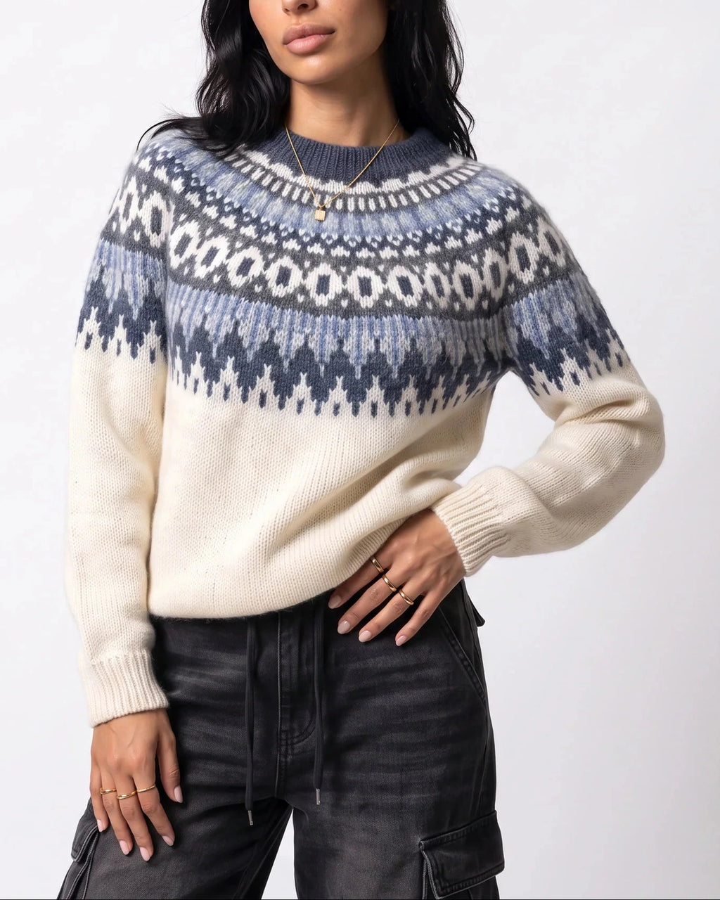 Women's Fair Isle Knit Jumper with Crew Neck and Ribbed Cuffs in Ivory, Womens Knitwear – Keira