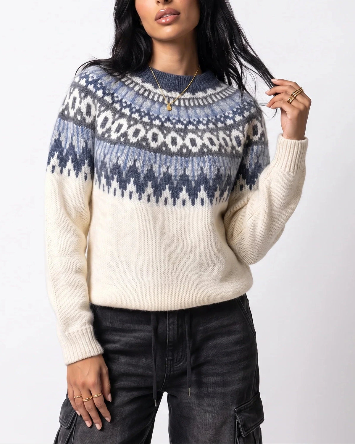 Women's Fair Isle Knit Jumper with Crew Neck and Ribbed Cuffs in Ivory, Womens Knitwear – Keira