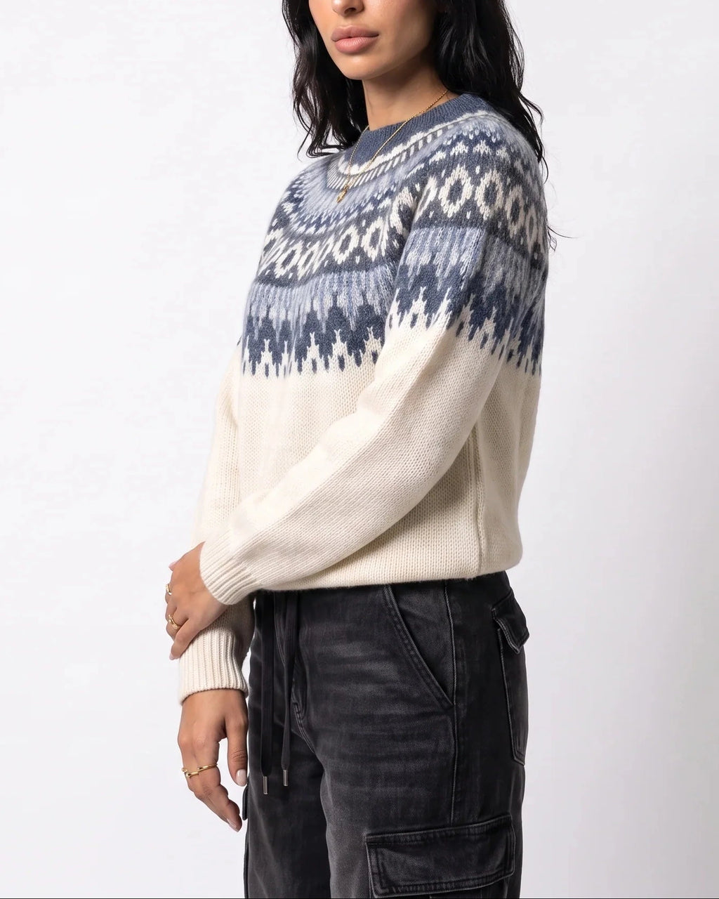 Women's Fair Isle Knit Jumper with Crew Neck and Ribbed Cuffs in Ivory, Womens Knitwear – Keira