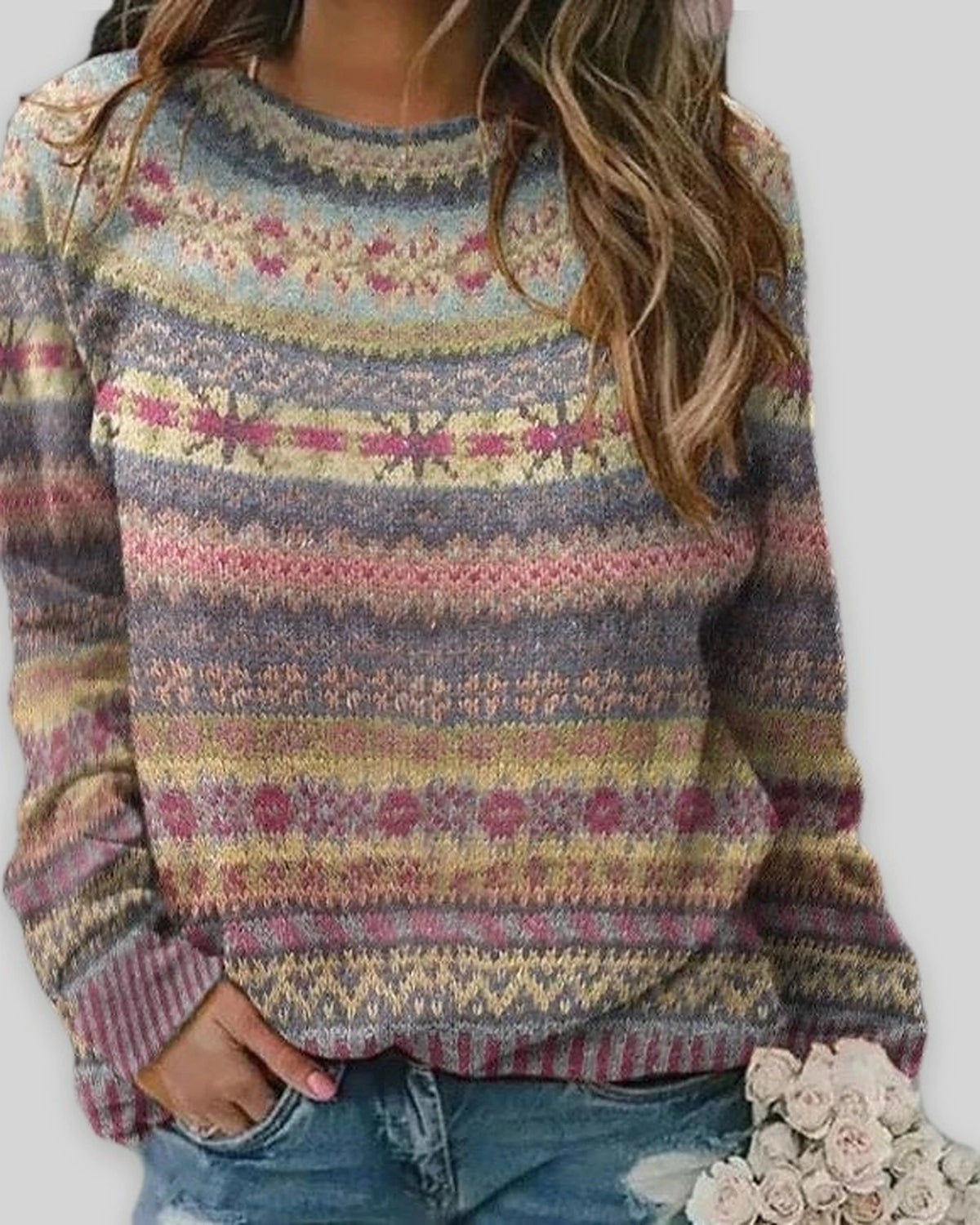 Women's Fair Isle Jumper for Women with Crew Neck and Ribbed Cuffs and Hem, Fair Isle Knit – Orla Rose