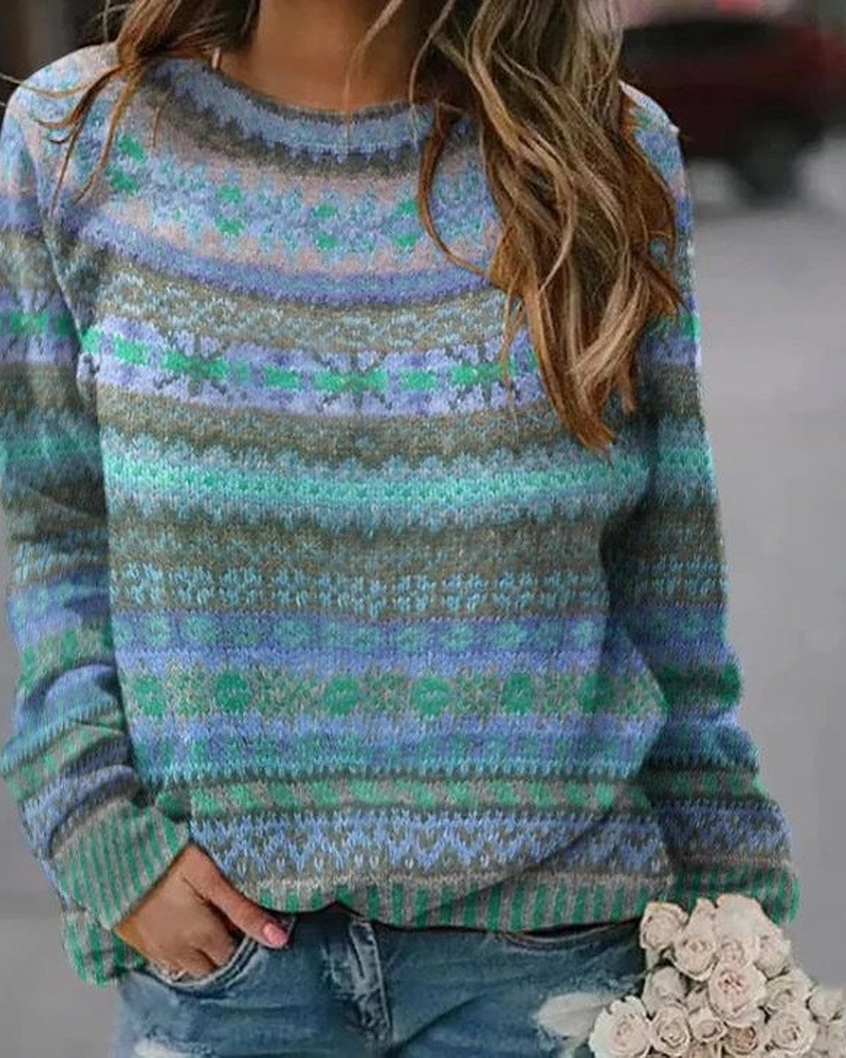Women's Fair Isle Jumper for Women with Crew Neck and Ribbed Cuffs and Hem, Fair Isle Knit – Orla Rose