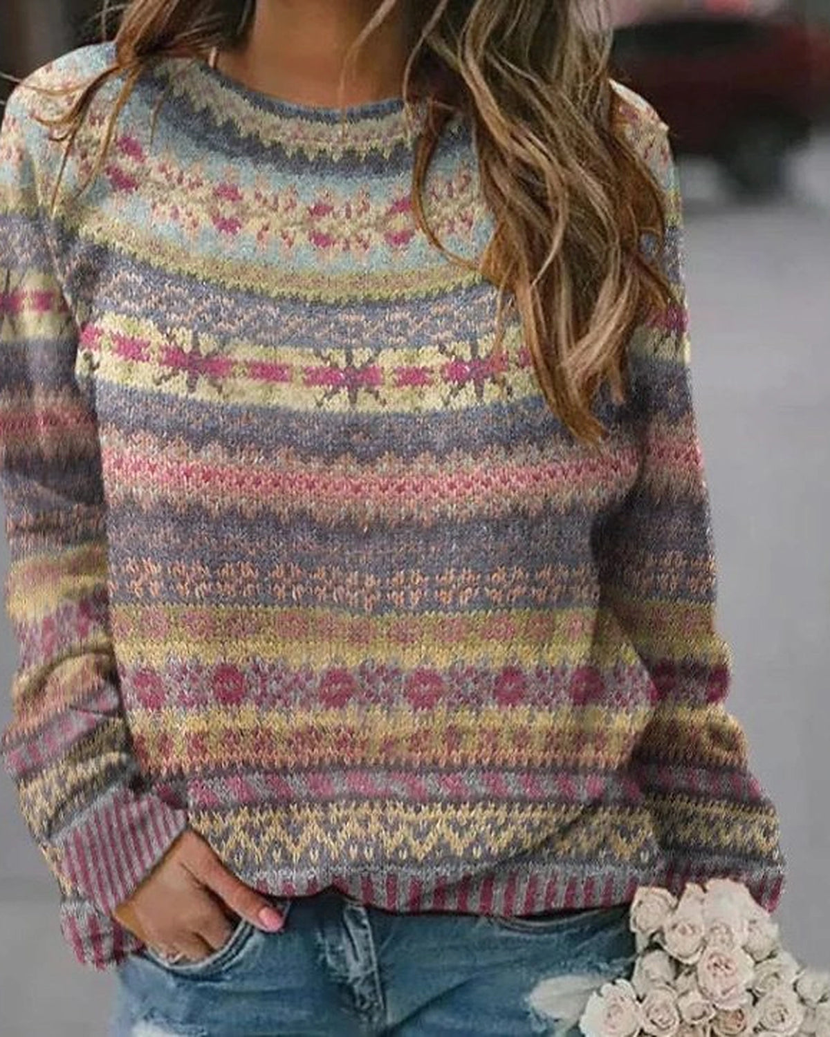 Women's Fair Isle Jumper for Women with Crew Neck and Ribbed Cuffs and Hem, Fair Isle Knit – Orla Rose