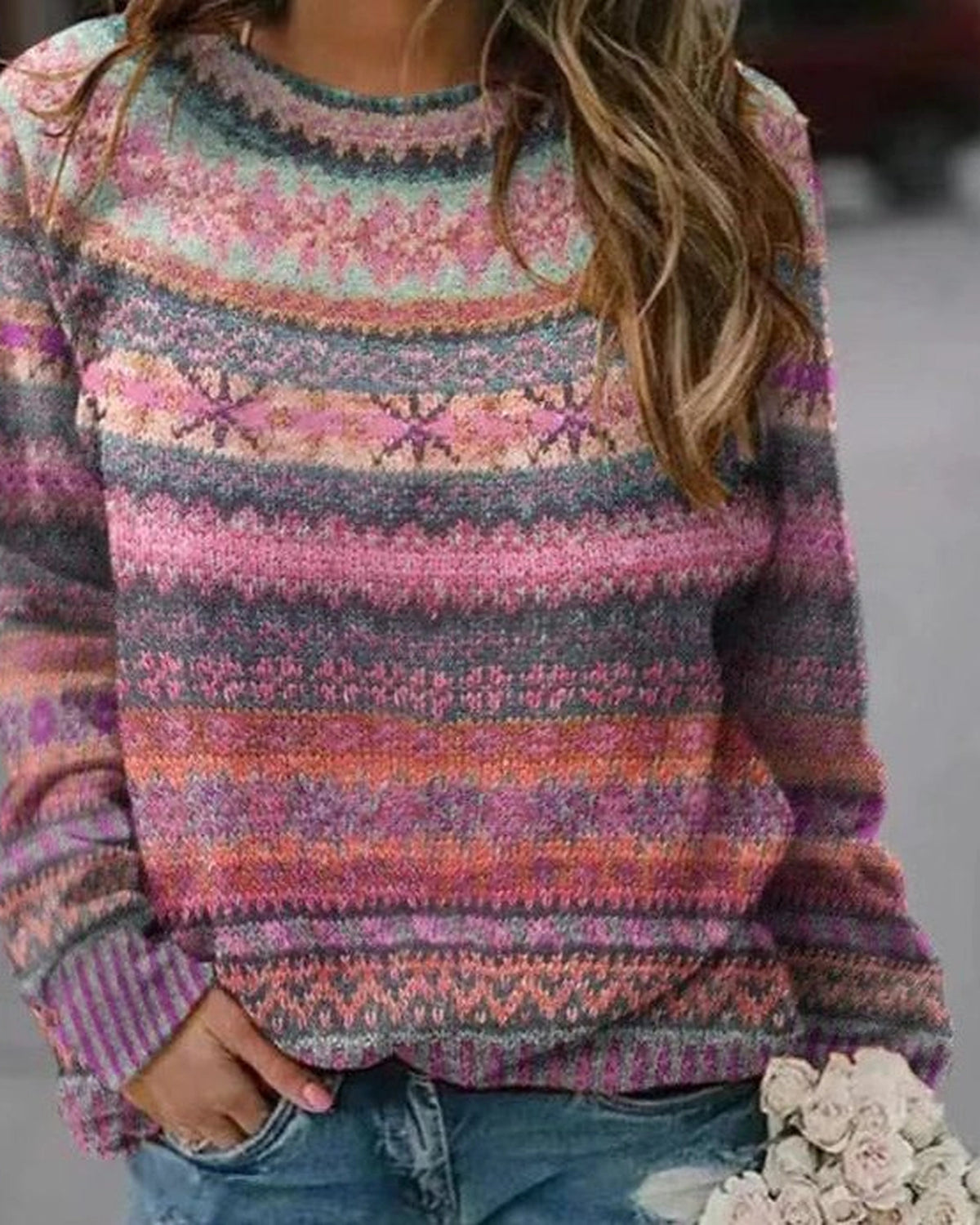Women's Fair Isle Jumper for Women with Crew Neck and Ribbed Cuffs and Hem, Fair Isle Knit – Orla Rose