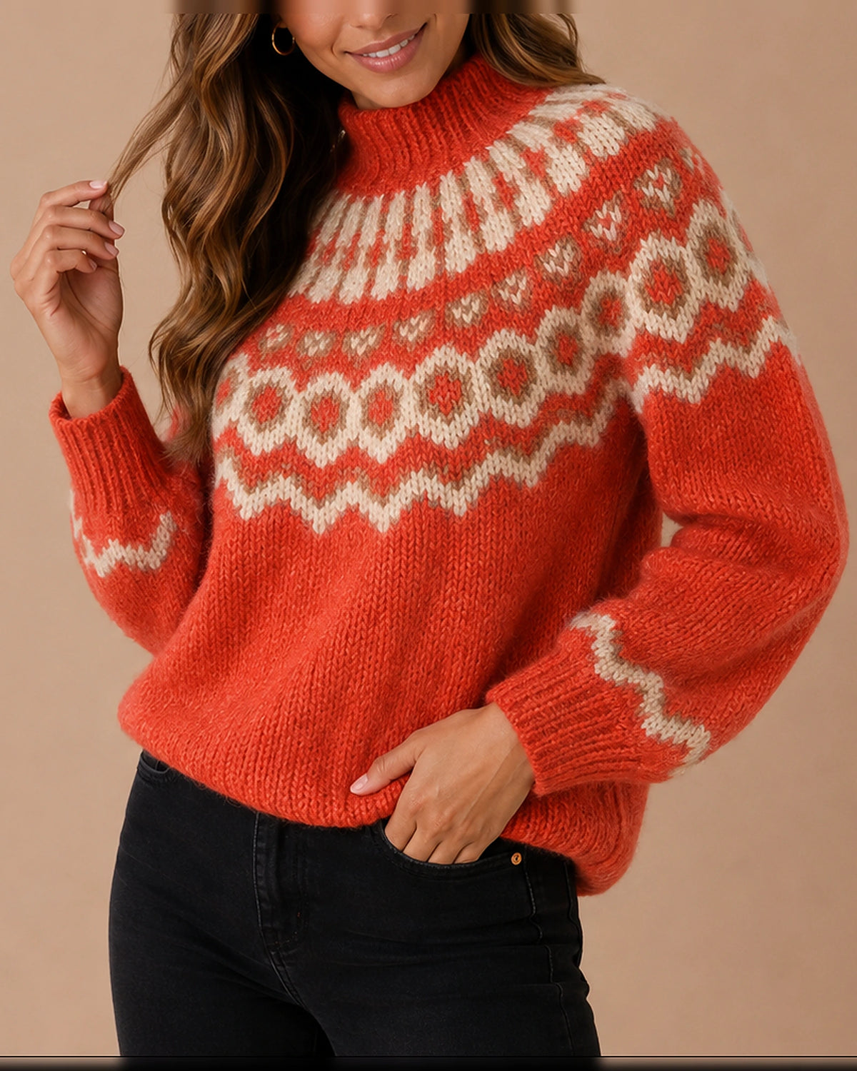 Women's Christmas Jumper in Fair Isle Knit with Turtleneck, Ribbed Cuffs and Hem – Hazel