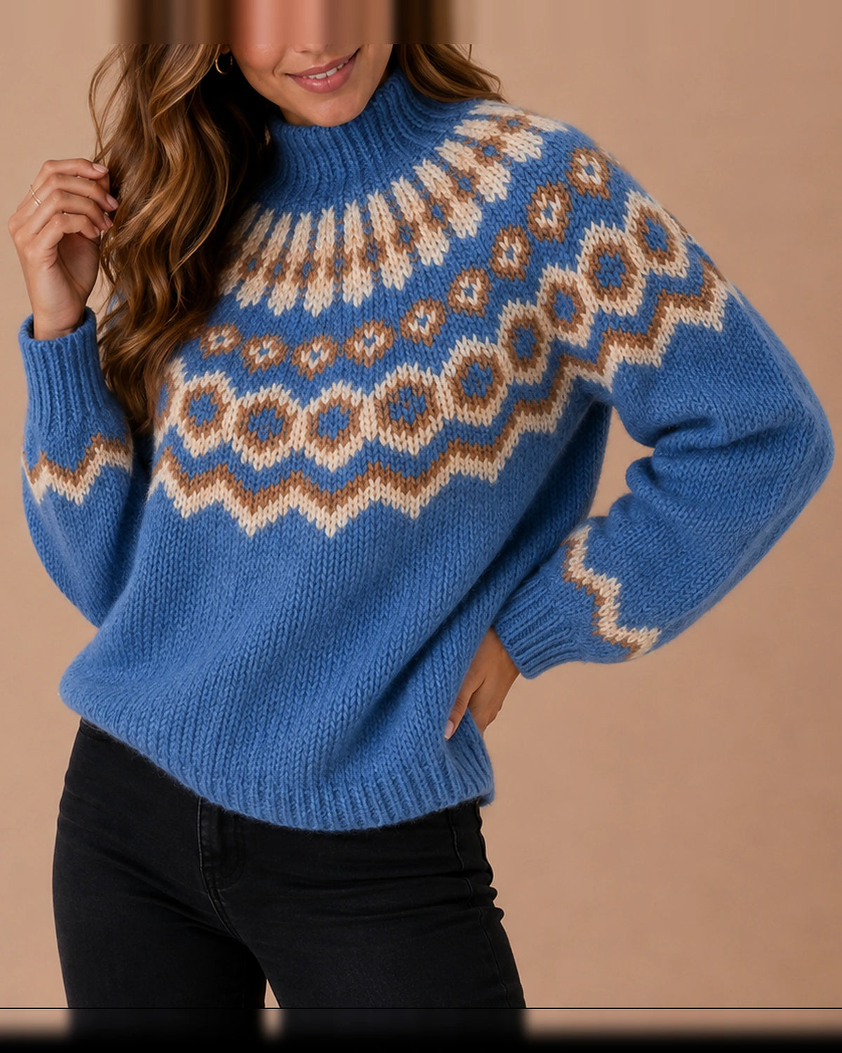 Women's Christmas Jumper in Fair Isle Knit with Turtleneck, Ribbed Cuffs and Hem – Hazel