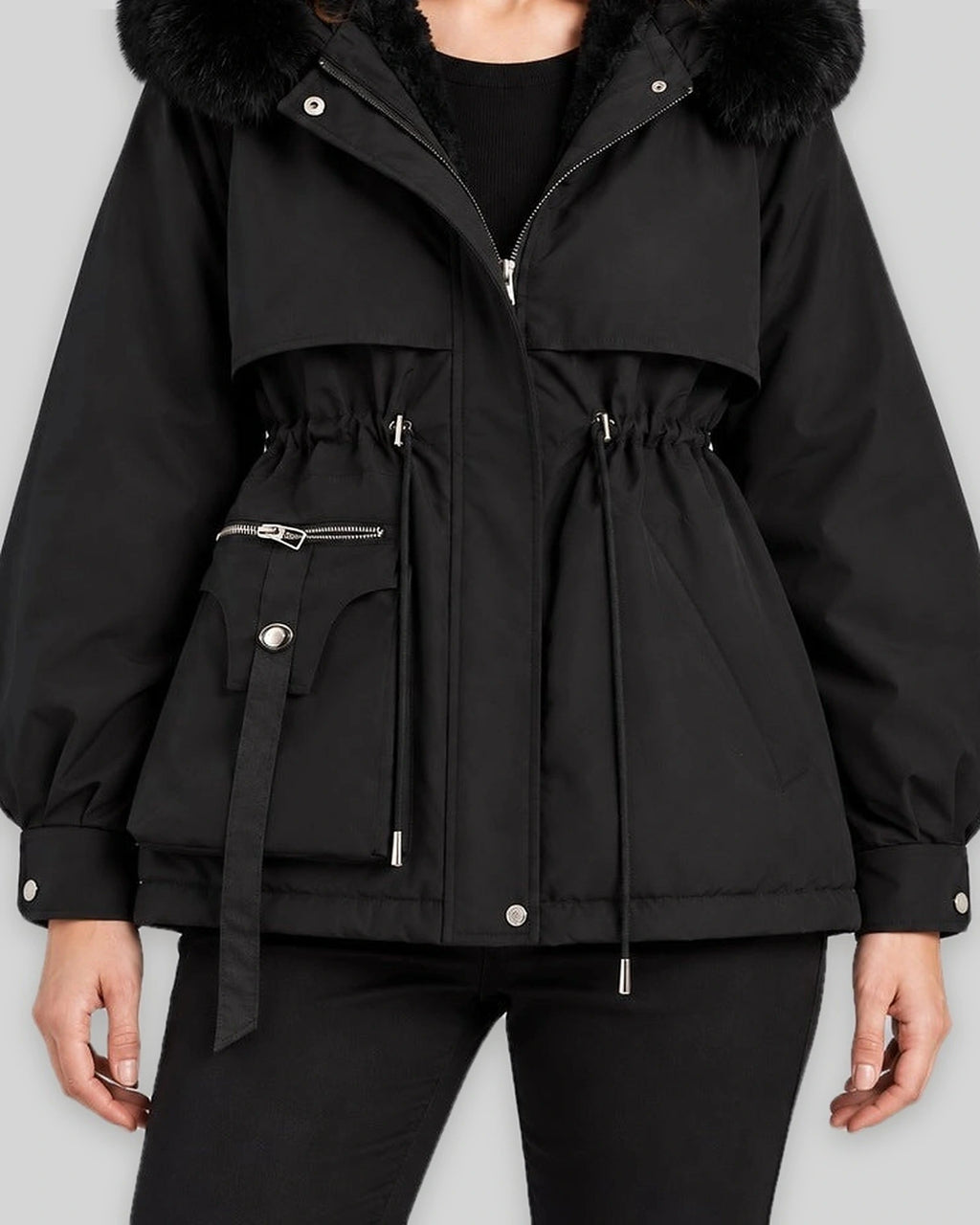 Women's Parka Coat with Faux Fur Hood and Drawstring Waist, Short Winter Style – Wren Belle