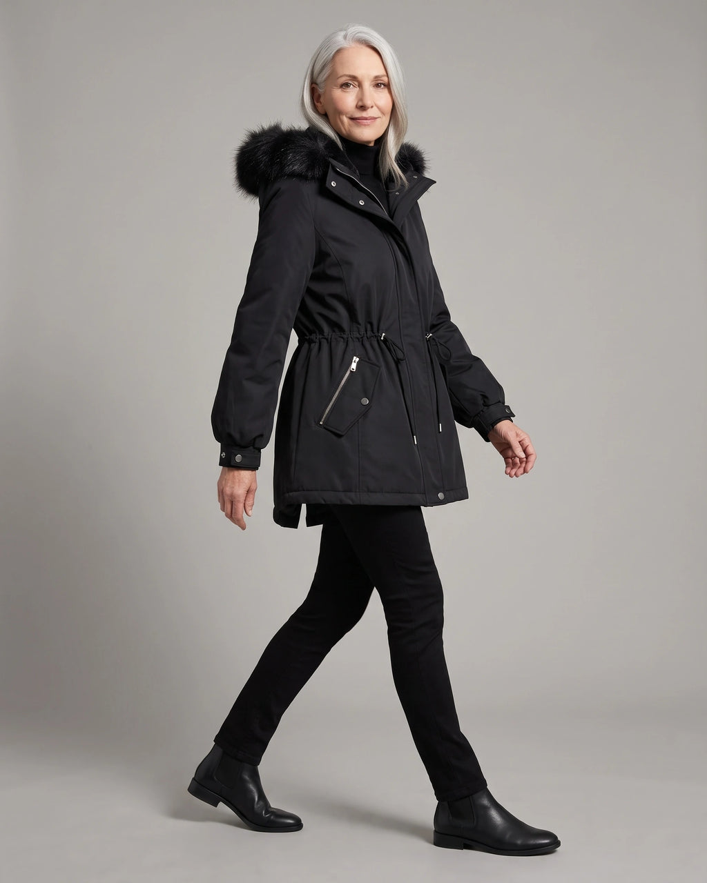 Women's Parka Coat with Faux Fur Hood and Drawstring Waist, Short Winter Style – Wren Belle