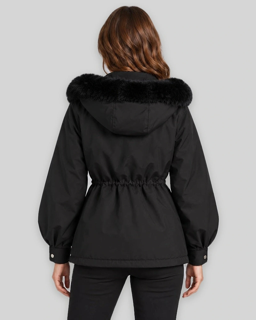 Women's Parka Coat with Faux Fur Hood and Drawstring Waist, Short Winter Style – Wren Belle