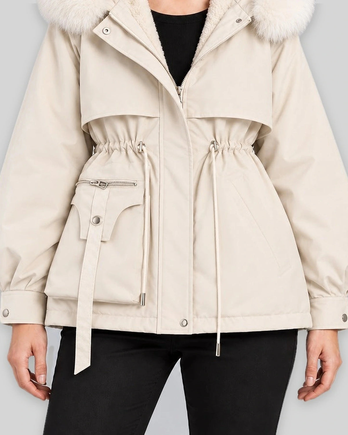 Women's Parka Coat with Faux Fur Hood and Drawstring Waist, Short Winter Style – Wren Belle